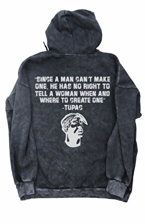 Unisex Tupac Sırt Baskılı Kapüşonlu Yıkamalı Sweatshirt, Oversize 2Pac Baskıllı Vintage Hoodie