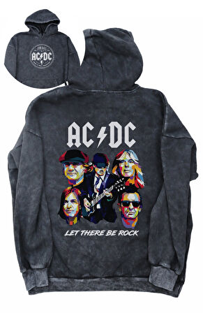 Unisex AC DC Let There Be Rock Sırt Baskılı Kapüşonlu Yıkamalı Sweatshirt, Oversize Eskitme Hoodie