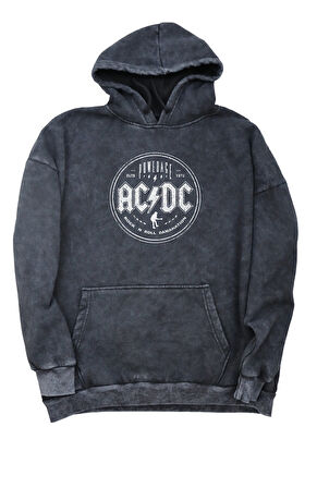 Unisex AC DC Let There Be Rock Sırt Baskılı Kapüşonlu Yıkamalı Sweatshirt, Oversize Eskitme Hoodie