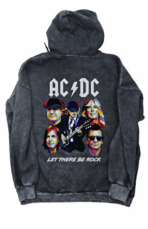 Unisex AC DC Let There Be Rock Sırt Baskılı Kapüşonlu Yıkamalı Sweatshirt, Oversize Eskitme Hoodie