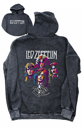 Unisex Led Zeppelin Sırt Baskılı Kapüşonlu Yıkamalı Sweatshirt, Oversize Rock Band Baskılı Hoodie