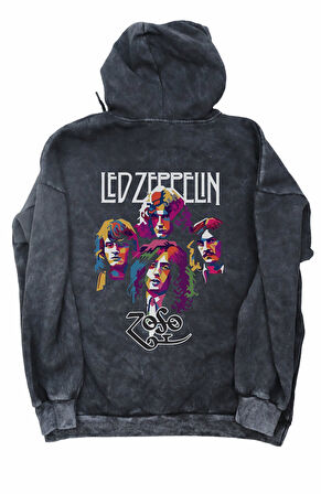 Unisex Led Zeppelin Sırt Baskılı Kapüşonlu Yıkamalı Sweatshirt, Oversize Rock Band Baskılı Hoodie