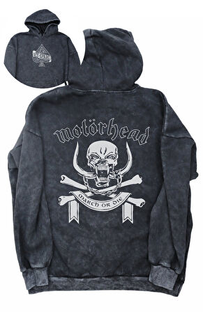 Unisex Motörhead Sırt Baskılı Kapüşonlu Yıkamalı Sweatshirt, Oversize Rock Band Baskılı Hoodie