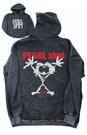 Unisex Pearl Jam Sırt Baskılı Kapüşonlu Yıkamalı Sweatshirt, Oversize Rock Band Retro Hoodie