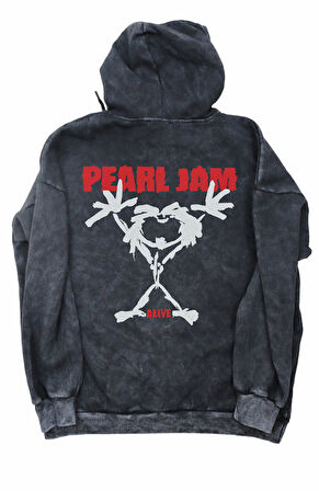 Unisex Pearl Jam Sırt Baskılı Kapüşonlu Yıkamalı Sweatshirt, Oversize Rock Band Retro Hoodie