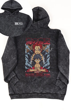 Unisex Luffy ve Shanks Sırt Baskılı Kapüşonlu Yıkamalı Sweatshirt, Oversize Anime Temalı Hoodie