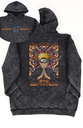 Unisex Uzumaki Naruto Sırt Baskılı Kapüşonlu Yıkamalı Sweatshirt, Oversize Anime Temalı Hoodie