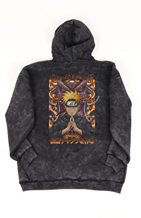 Unisex Uzumaki Naruto Sırt Baskılı Kapüşonlu Yıkamalı Sweatshirt, Oversize Anime Temalı Hoodie