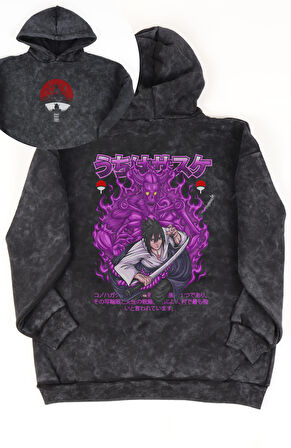 Unisex Sasuke Uchiha Sırt Baskılı Kapüşonlu Yıkamalı Sweatshirt,Oversize Anime Naruto Temalı Hoodie