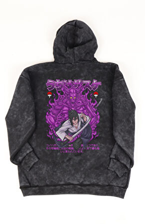 Unisex Sasuke Uchiha Sırt Baskılı Kapüşonlu Yıkamalı Sweatshirt,Oversize Anime Naruto Temalı Hoodie