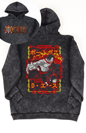 Unisex Portgas D. Ace Sırt Baskılı Kapüşonlu Yıkamalı Sweatshirt, Oversize Anime Temalı Hoodie