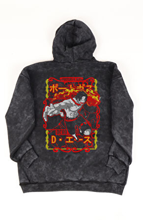 Unisex Portgas D. Ace Sırt Baskılı Kapüşonlu Yıkamalı Sweatshirt, Oversize Anime Temalı Hoodie