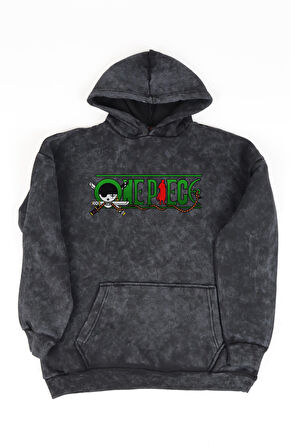 Unisex One Piece Zoro Sırt Baskılı Kapüşonlu Yıkamalı Sweatshirt, Oversize Anime Temalı Hoodie