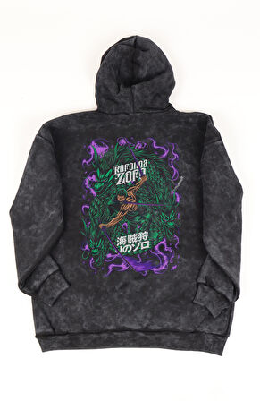 Unisex One Piece Zoro Sırt Baskılı Kapüşonlu Yıkamalı Sweatshirt, Oversize Anime Temalı Hoodie