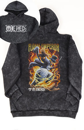 Unisex One Piece Sabo Sırt Baskılı Kapüşonlu Yıkamalı Sweatshirt, Oversize Anime Vintage Hoodie