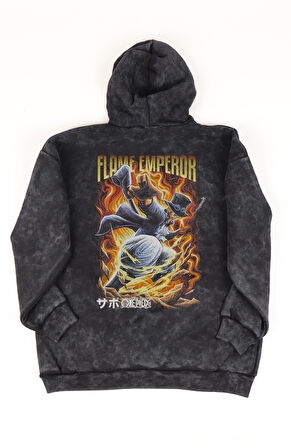 Unisex One Piece Sabo Sırt Baskılı Kapüşonlu Yıkamalı Sweatshirt, Oversize Anime Vintage Hoodie