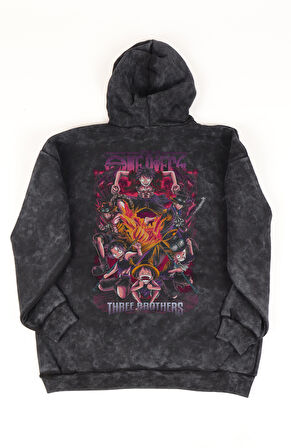 Unisex Three Brothers One Piece Sırt Baskılı Kapüşonlu Yıkamalı Sweatshirt, Oversize Anime Hoodie