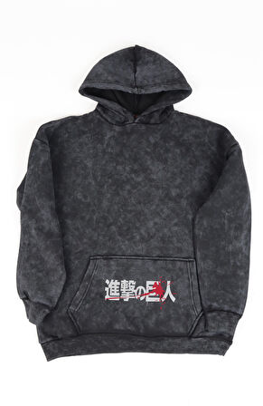 Unisex Giant Attack On Titan Sırt Baskılı Kapüşonlu Yıkamalı Sweatshirt, Oversize Anime Hoodie