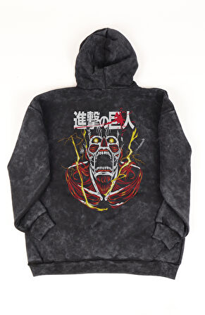 Unisex Giant Attack On Titan Sırt Baskılı Kapüşonlu Yıkamalı Sweatshirt, Oversize Anime Hoodie