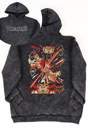 Unisex Dragon Ball Sırt Baskılı Kapüşonlu Yıkamalı Sweatshirt, Oversize Anime Temalı Eskitme Hoodie