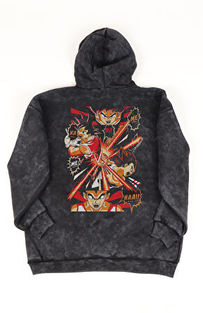 Unisex Dragon Ball Sırt Baskılı Kapüşonlu Yıkamalı Sweatshirt, Oversize Anime Temalı Eskitme Hoodie