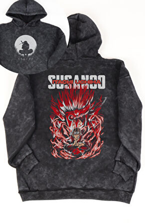 Unisex Susanoo İtachi Sırt Baskılı Kapüşonlu Yıkamalı Sweatshirt,Oversize Anime Temalı Retro Hoodie