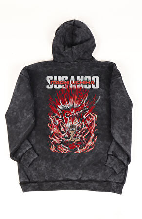 Unisex Susanoo İtachi Sırt Baskılı Kapüşonlu Yıkamalı Sweatshirt,Oversize Anime Temalı Retro Hoodie