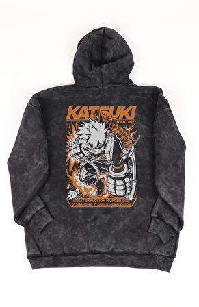 Unisex MHA Katsuki Bakugo Sırt Baskılı Kapüşonlu Yıkamalı Sweatshirt, Oversize Anime Temalı Hoodie