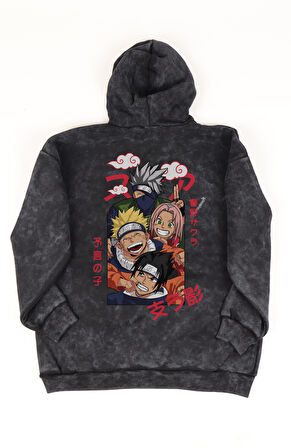 Unisex Naruto Karakterleri Sırt Baskılı Kapüşonlu Yıkamalı Sweatshirt, Oversize Anime Temalı Hoodie
