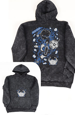 Unisex Yoichi Isagi Sırt Baskılı Kapüşonlu Yıkamalı Sweatshirt, Oversize Blue Lock Anime Hoodie