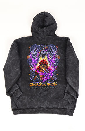 Unisex Eustass Kid Sırt Baskılı Kapüşonlu Yıkamalı Sweatshirt, Oversize One Piece Anime Hoodie
