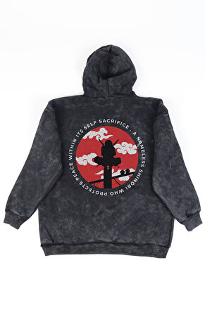 Unisex Naruto Itachi Sırt Baskılı Kapüşonlu Yıkamalı Sweatshirt, Oversize Anime Eskitme Hoodie