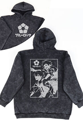 Unisex Blue Lock Karakterleri Sırt Baskılı Kapüşonlu Yıkamalı Sweatshirt, Oversize Anime Hoodie