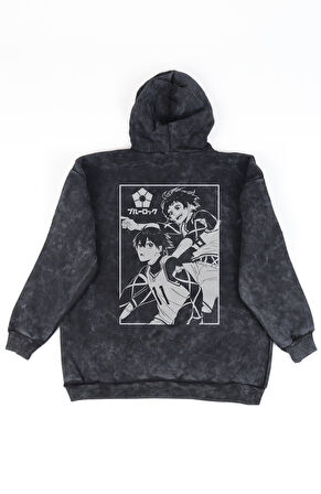 Unisex Blue Lock Karakterleri Sırt Baskılı Kapüşonlu Yıkamalı Sweatshirt, Oversize Anime Hoodie