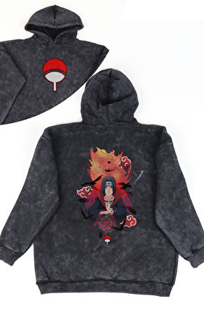 Unisex Naruto Itachi Sırt Baskılı Kapüşonlu Yıkamalı Sweatshirt, Oversize Anime Temalı Retro Hoodie