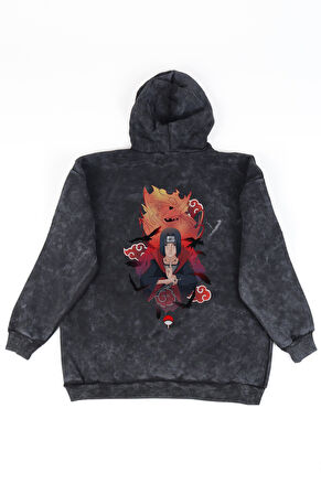 Unisex Naruto Itachi Sırt Baskılı Kapüşonlu Yıkamalı Sweatshirt, Oversize Anime Temalı Retro Hoodie