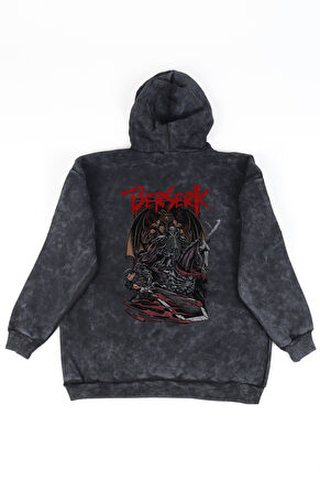 Unisex Berserk Sırt Baskılı Kapüşonlu Yıkamalı Sweatshirt, Oversize Anime Temalı Eskitme Hoodie