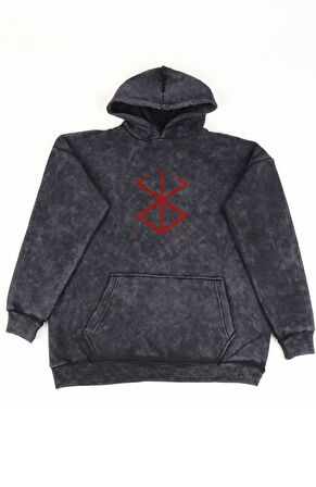 Unisex Berserk Sırt Baskılı Kapüşonlu Yıkamalı Sweatshirt, Oversize Anime Temalı Eskitme Hoodie