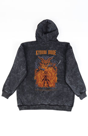 Unisex Kyuubi Mode Kurama Sırt Baskılı Kapüşonlu Yıkamalı Sweatshirt, Oversize Anime Naruto Hoodie