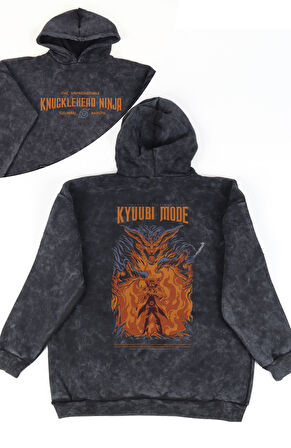 Unisex Kyuubi Mode Kurama Sırt Baskılı Kapüşonlu Yıkamalı Sweatshirt, Oversize Anime Naruto Hoodie