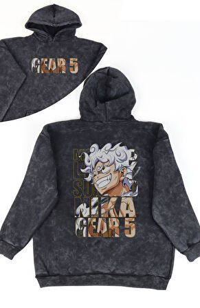 Unisex Luffy Gear 5 Sırt Baskılı Kapüşonlu Yıkamalı Sweatshirt, Oversize Anime One Piece Hoodie