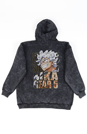Unisex Luffy Gear 5 Sırt Baskılı Kapüşonlu Yıkamalı Sweatshirt, Oversize Anime One Piece Hoodie