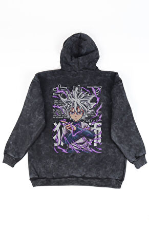 Unisex Hunter X Hunter Killua Sırt Baskılı Kapüşonlu Yıkamalı Sweatshirt, Oversize Anime Hoodie