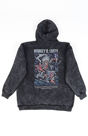 Unisex Monkey D Luffy Yazılı Sırt Baskılı Kapüşonlu Yıkamalı Sweatshirt, Oversize Anime Hoodie