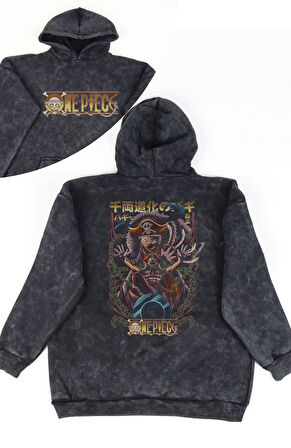 Unisex Buggy One Piece Sırt Baskılı Kapüşonlu Yıkamalı Sweatshirt, Oversize Anime Temalı Hoodie