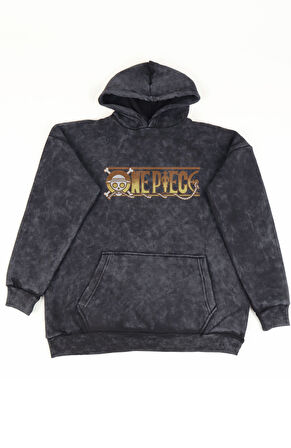 Unisex Buggy One Piece Sırt Baskılı Kapüşonlu Yıkamalı Sweatshirt, Oversize Anime Temalı Hoodie