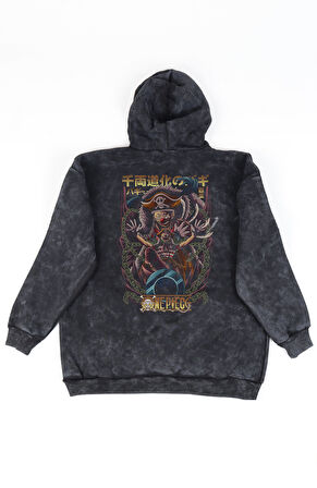 Unisex Buggy One Piece Sırt Baskılı Kapüşonlu Yıkamalı Sweatshirt, Oversize Anime Temalı Hoodie