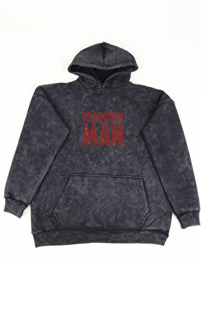 Unisex Oversize Chainsaw Man Sırt Baskılı Kapüşonlu Yıkamalı Anime Sweatshirt