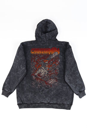 Unisex Oversize Chainsaw Man Sırt Baskılı Kapüşonlu Yıkamalı Anime Sweatshirt