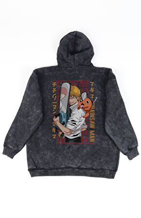 Unisex Chainsaw Man Pochita Sırt Baskılı Kapüşonlu Yıkamalı Sweatshirt,Oversize Anime Temalı Hoodie